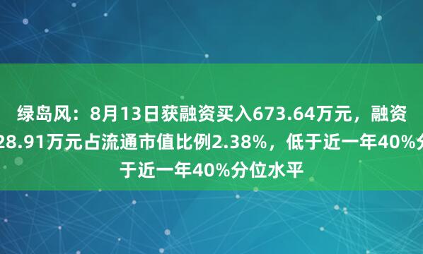 绿岛风：8月13日获融资买入673.64万元，融资余额7128.91万元占流通市值比例2.38%，低于近一年40%分位水平