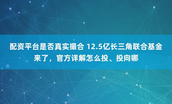 配资平台是否真实撮合 12.5亿长三角联合基金来了，官方详解怎么投、投向哪