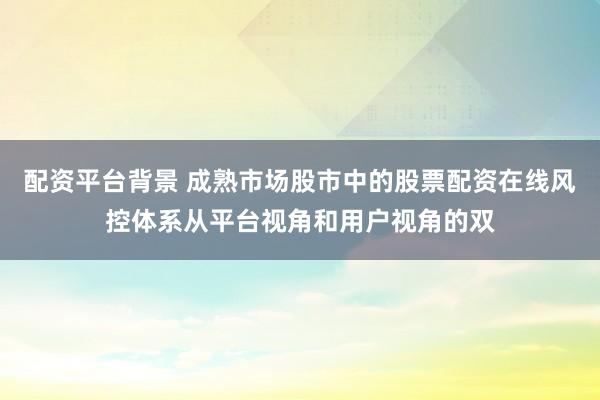 配资平台背景 成熟市场股市中的股票配资在线风控体系从平台视角和用户视角的双
